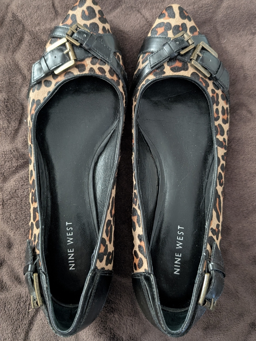 Nine West Leopard-Print Pointed Flats with Black Trim and Gold Buckles